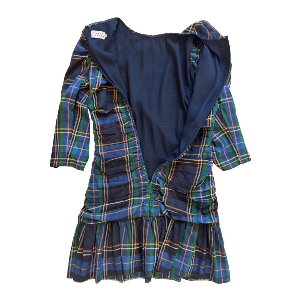 Tanya Taylor Raven Tartan Mini Dress Women’s 8 Ruched Preppy Blue Green Cotton - Picture 4 of 16